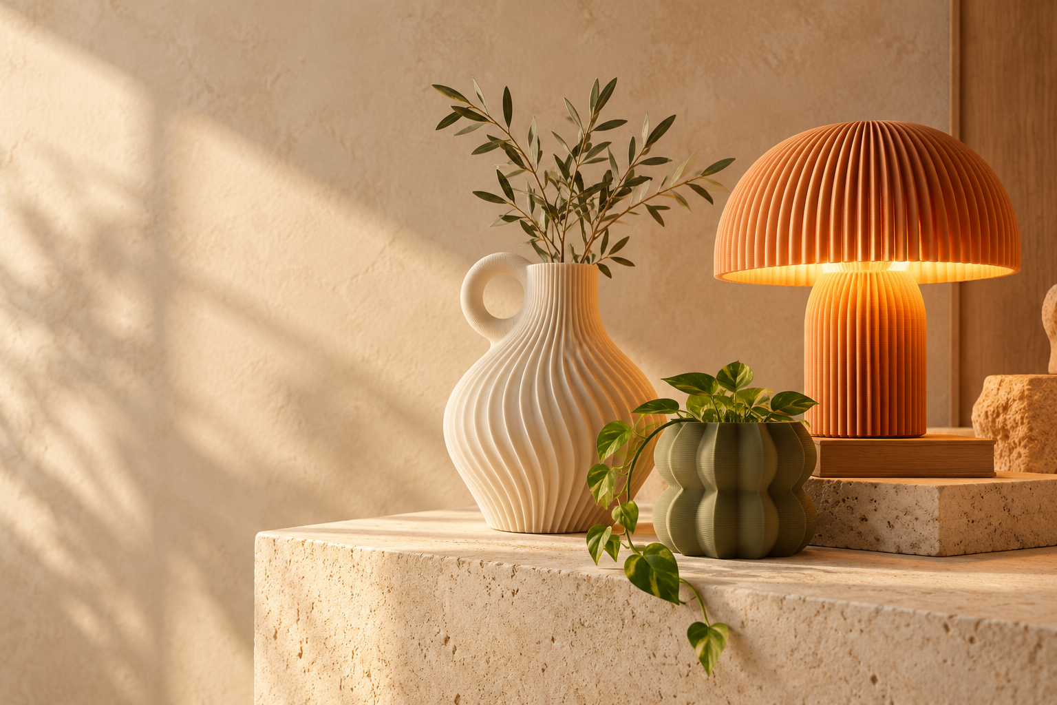 A warm studio scene with sculptural 3D printed home objects