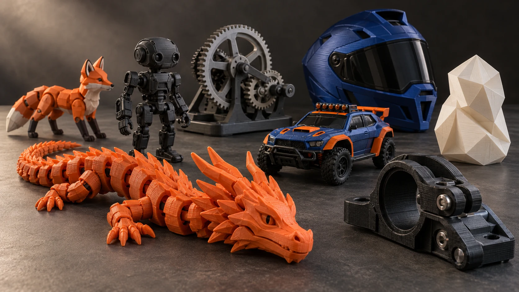A studio collection of FDM printed models: an articulated orange dragon, miniature robot, gear system, blue helmet, geometric sculpture, vehicle, fox figure and mechanical part